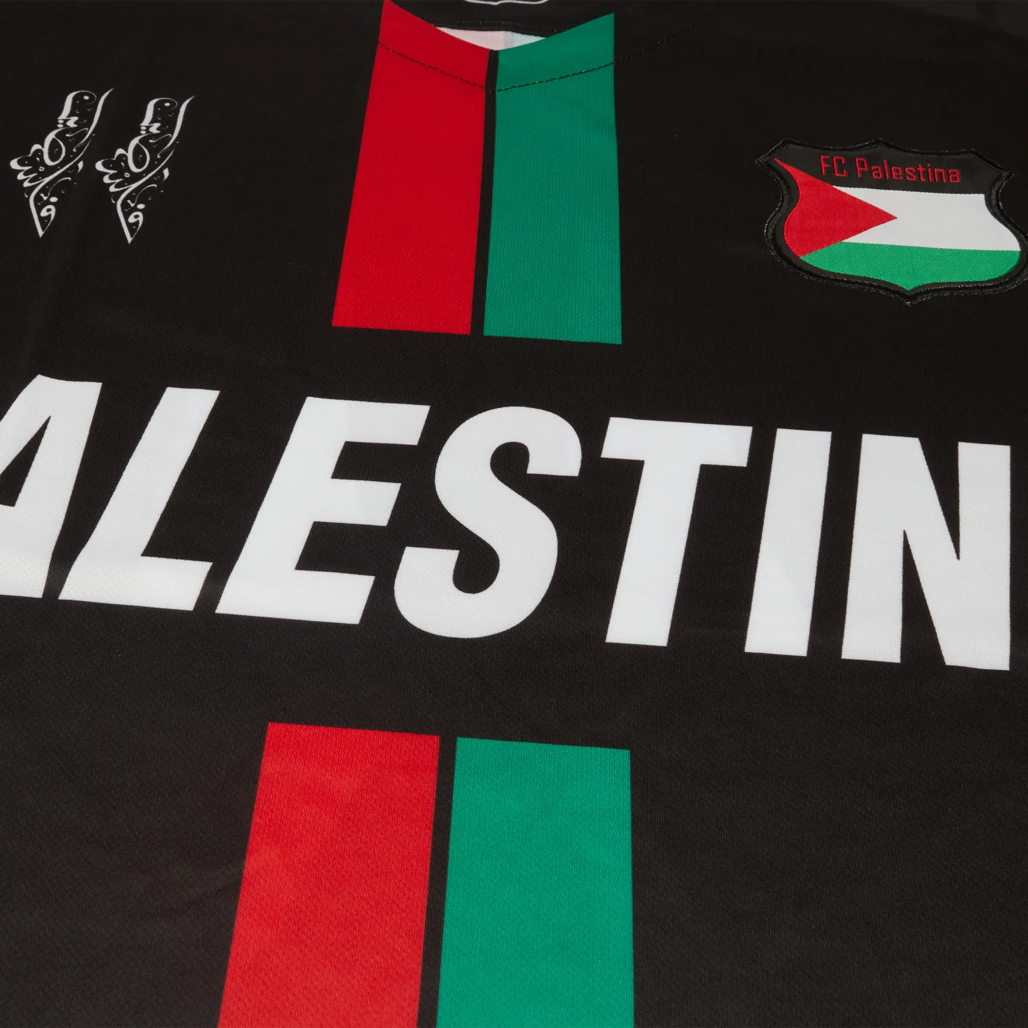 Detailed Front View of FC Palestina Palestine Red Green Stripe English Black Football T Shirt